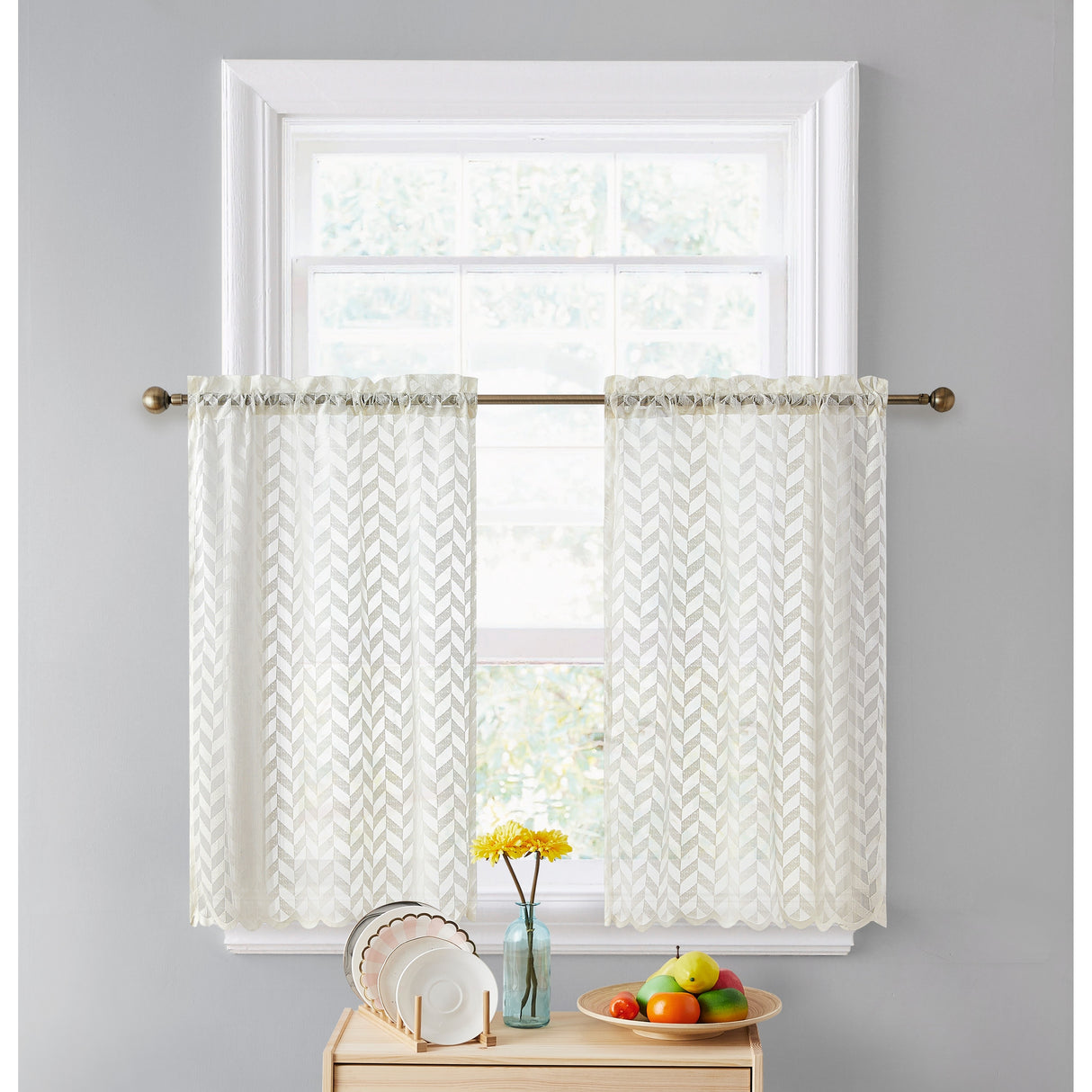 HLC.me Herringbone Lace Sheer Kitchen Cafe Curtain Tiers Swags Valance for Small Windows & Bathroom