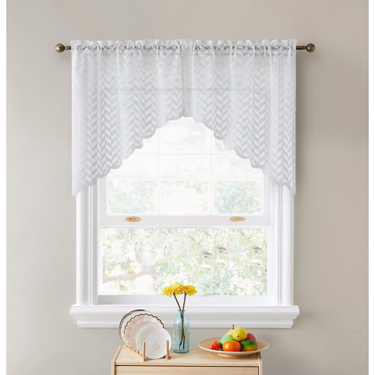 HLC.me Herringbone Lace Sheer Kitchen Cafe Curtain Tiers Swags Valance for Small Windows & Bathroom