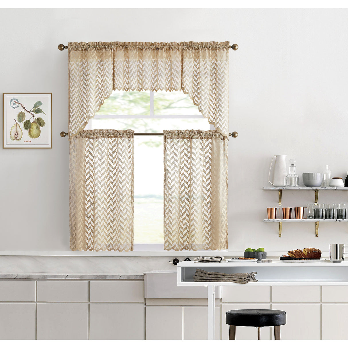 HLC.me Herringbone Lace Sheer Kitchen Cafe Curtain Tiers Swags Valance for Small Windows & Bathroom