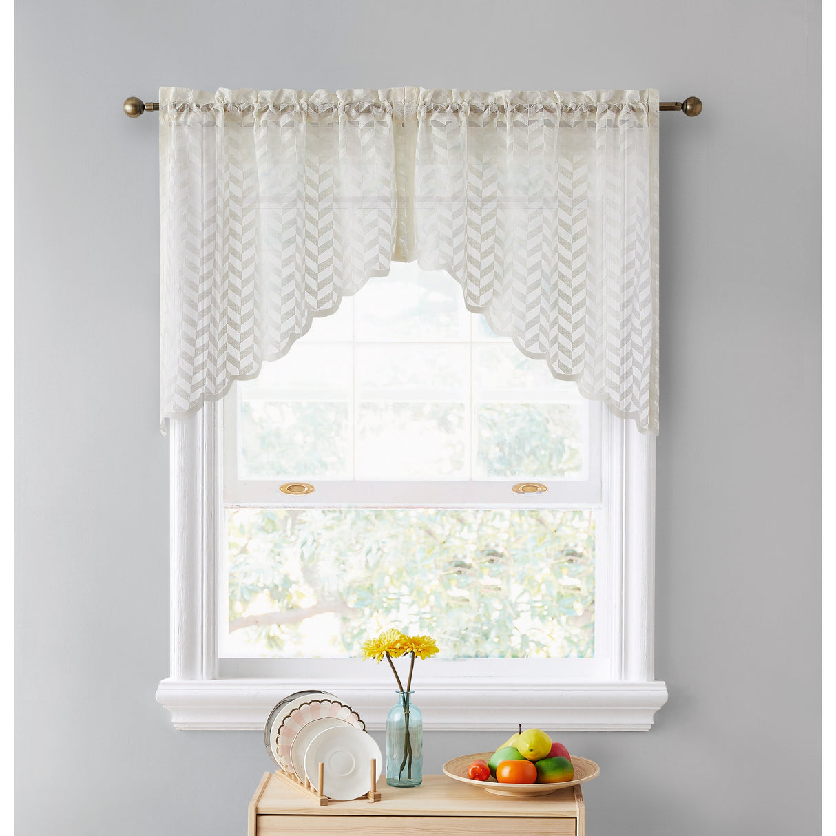 HLC.me Herringbone Lace Sheer Kitchen Cafe Curtain Tiers Swags Valance for Small Windows & Bathroom