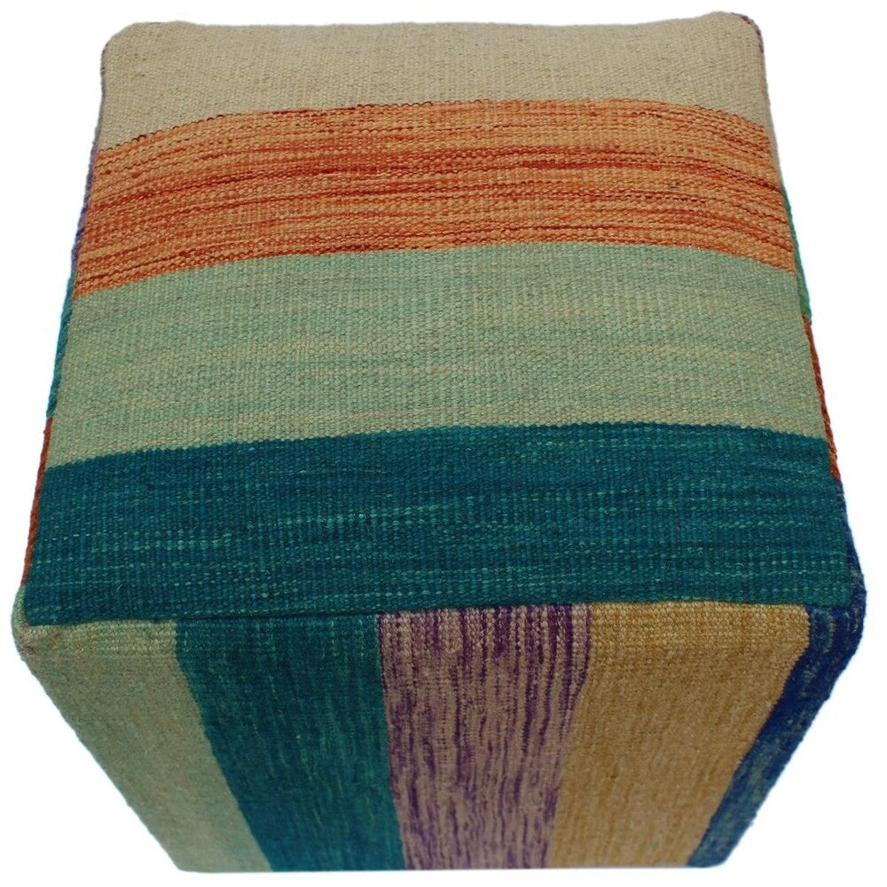 Herrmann Ivory/Orange Handmade Kilim Upholstered Ottoman 15"x15"x18"
