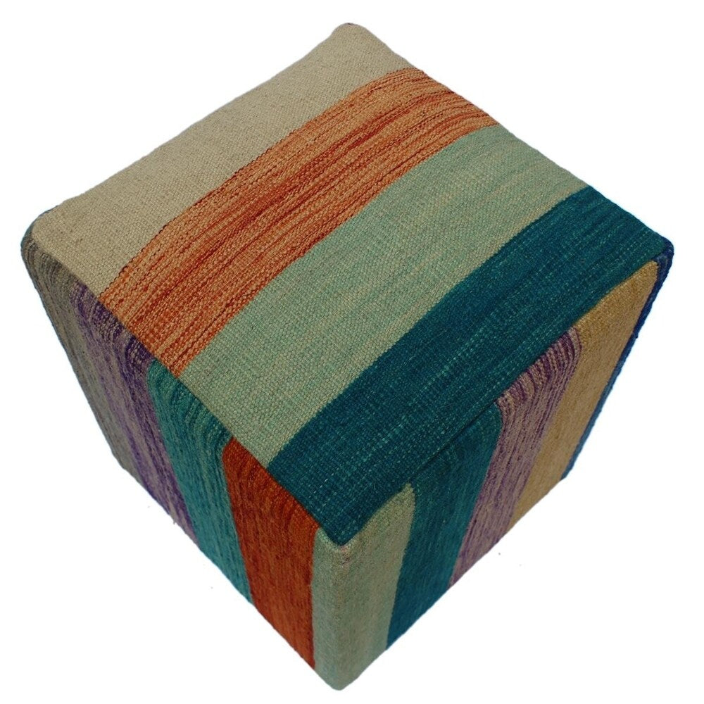 Herrmann Ivory/Orange Handmade Kilim Upholstered Ottoman 15"x15"x18"
