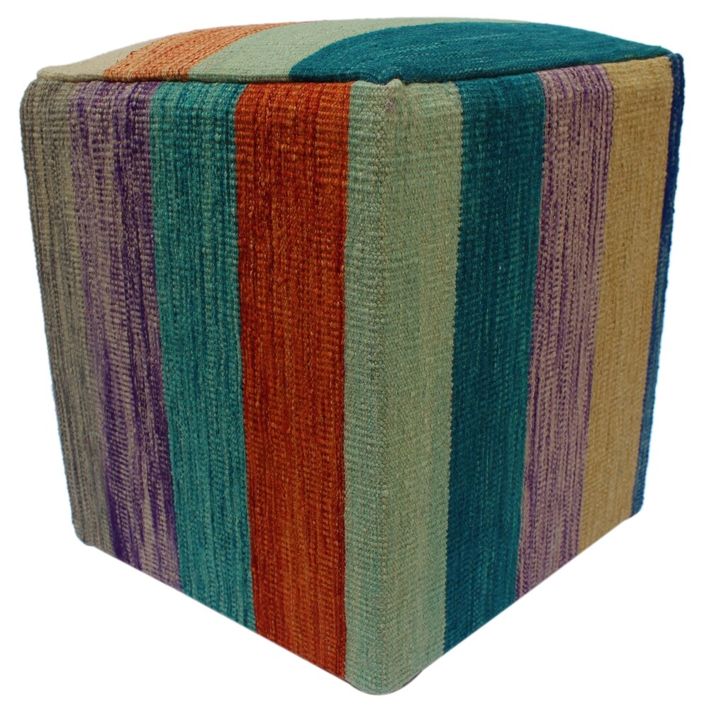 Herrmann Ivory/Orange Handmade Kilim Upholstered Ottoman 15"x15"x18"