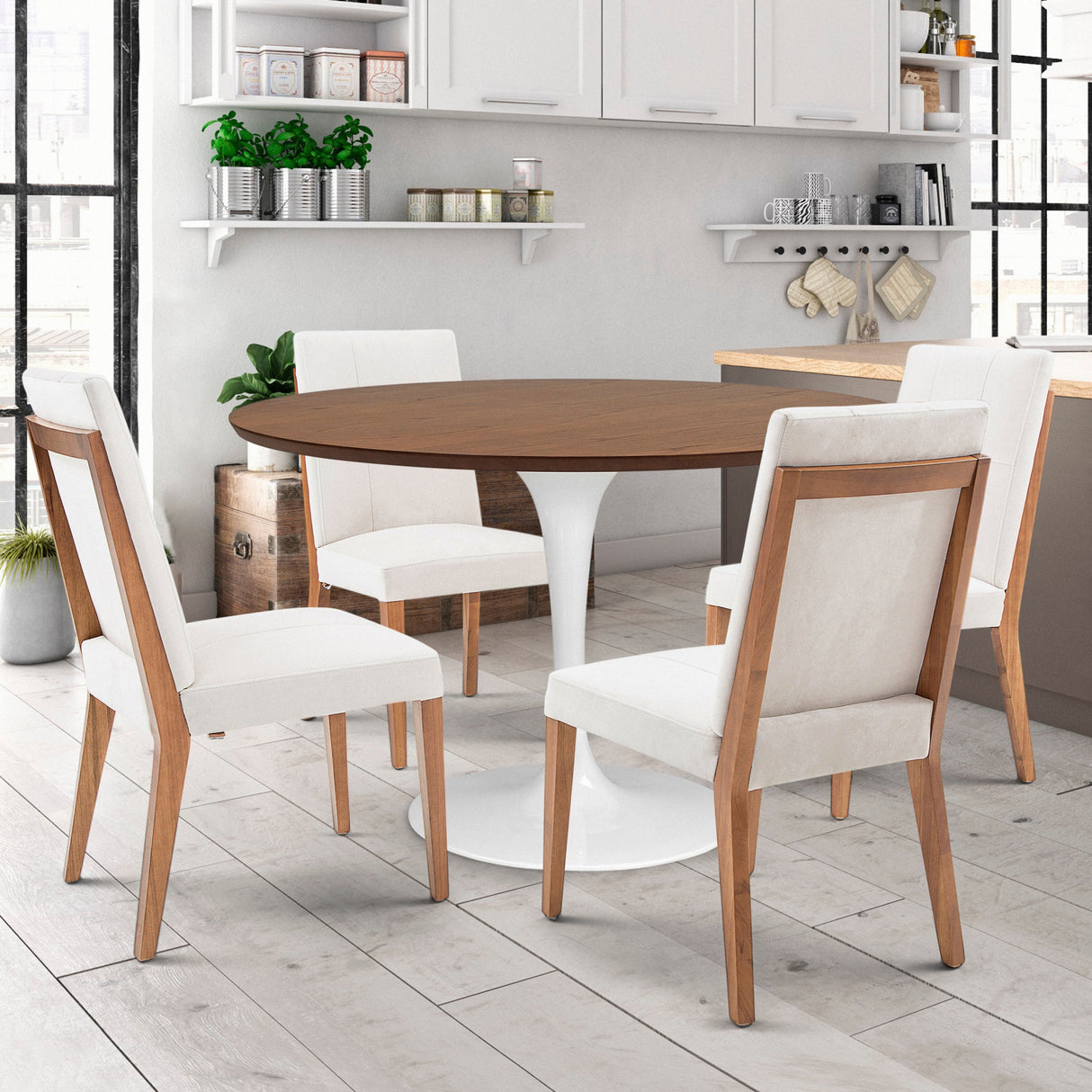 Herval Upholstered Dining Chair in Off-White and Almond Oak Wood Finish, Set of 2, 36” H x 22” D x 19” W