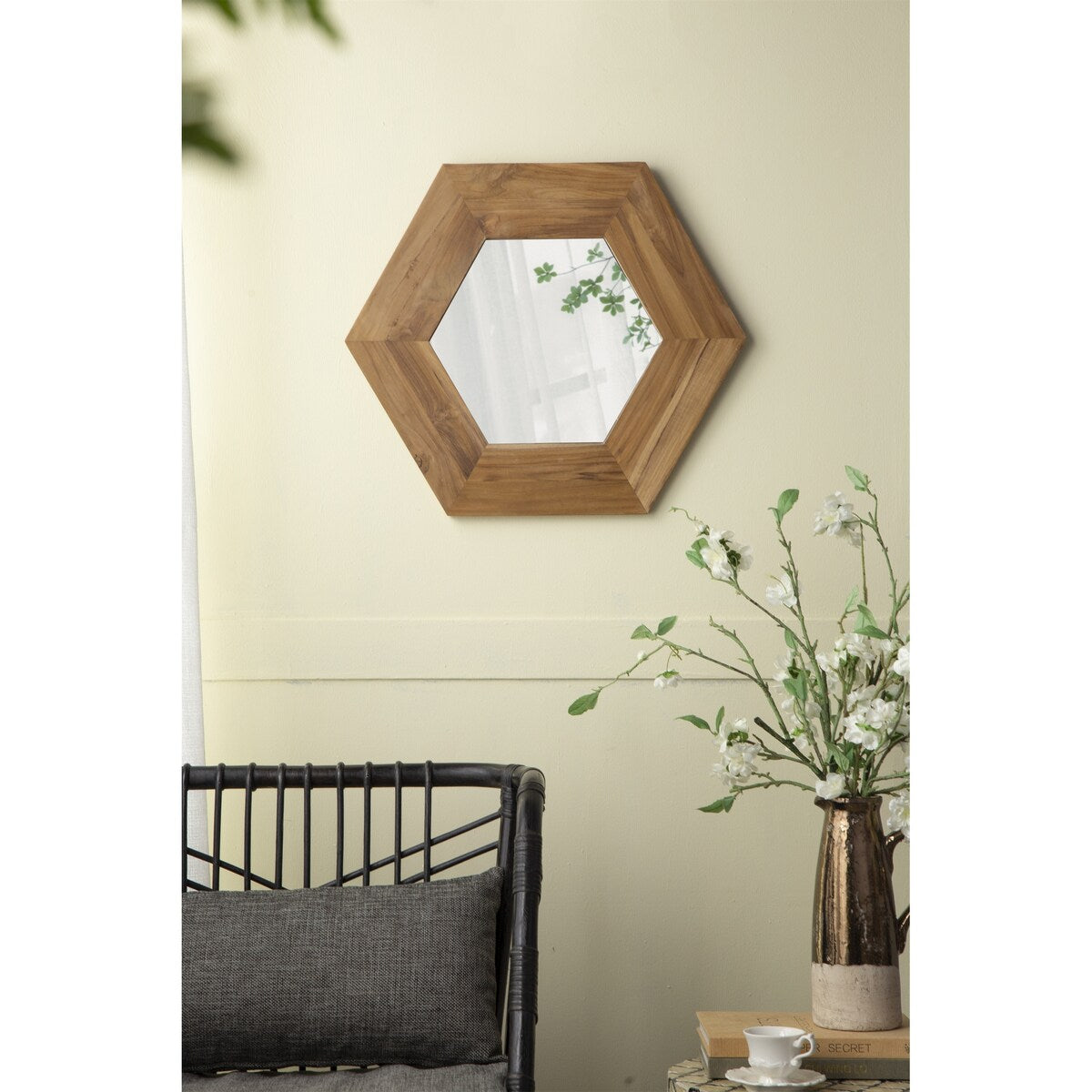 Hexagon Mirror with Natural Wood Frame