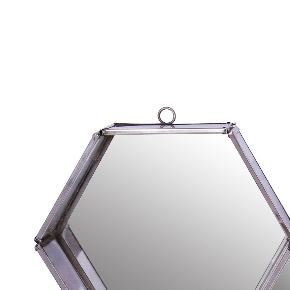 Hexagonal Mirrored Wall Display with Two Keyhole Hanger On Top, Silver