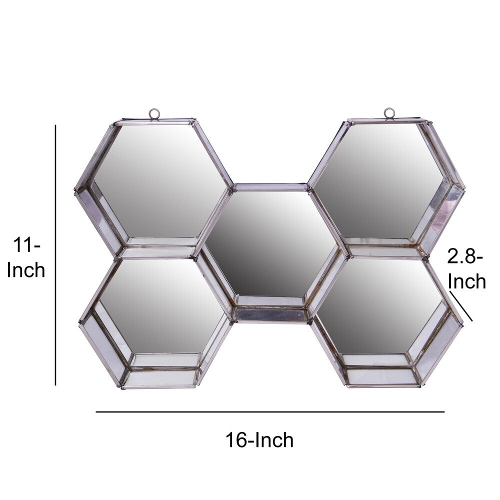 Hexagonal Mirrored Wall Display with Two Keyhole Hanger On Top, Silver