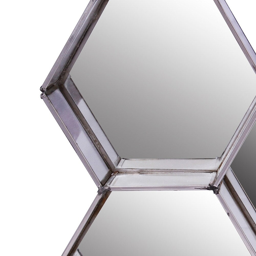 Hexagonal Mirrored Wall Display with Two Keyhole Hanger On Top, Silver
