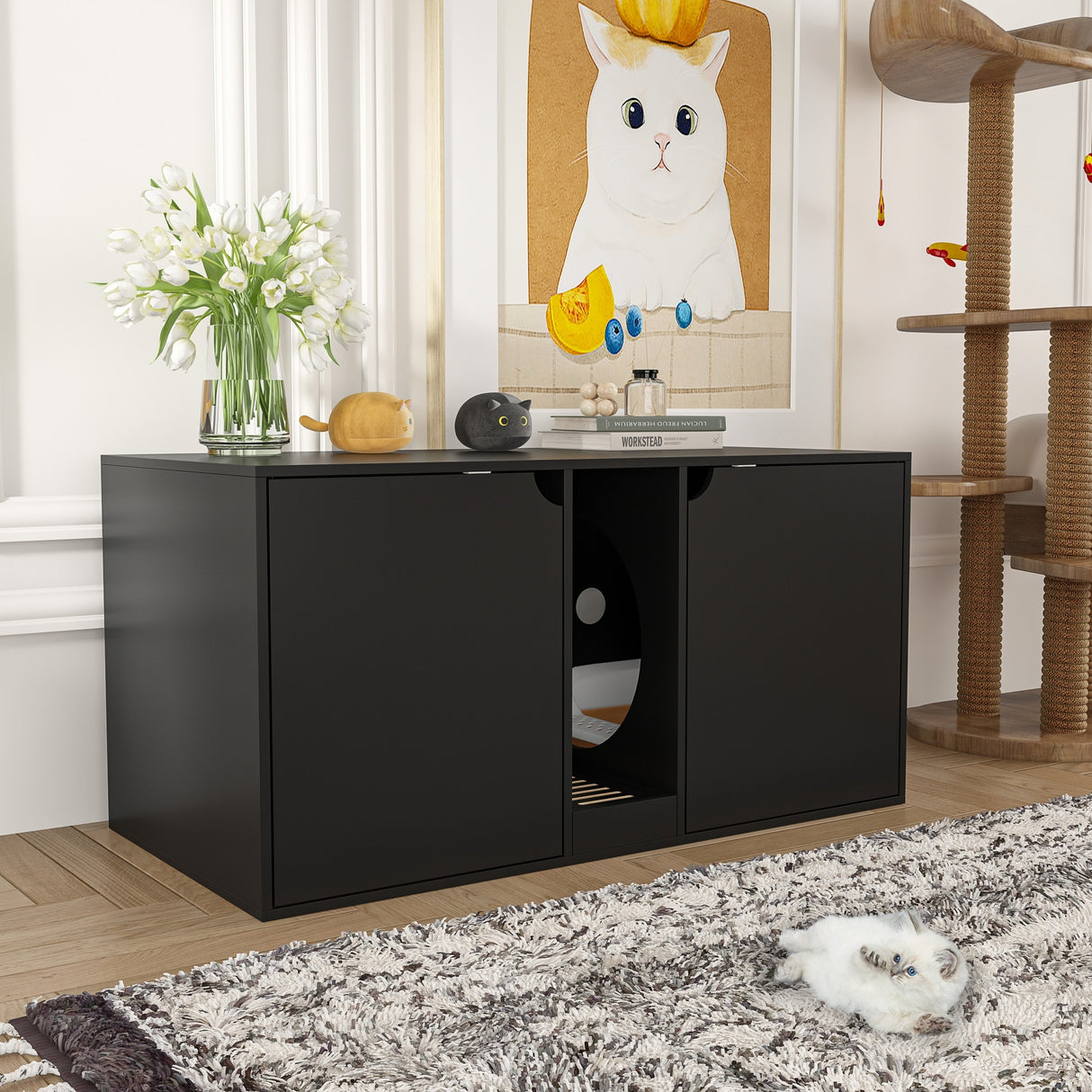 Hidden Cat Litter Box Enclosure Furniture, Cat Washroom w/Double Room