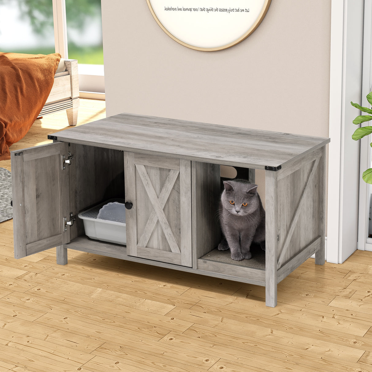 Hidden Cat Litter Box Enclosure Cat House Cabinet with Scratch Pad - 33.5 in W x 20.7 in D x 18.5 in H