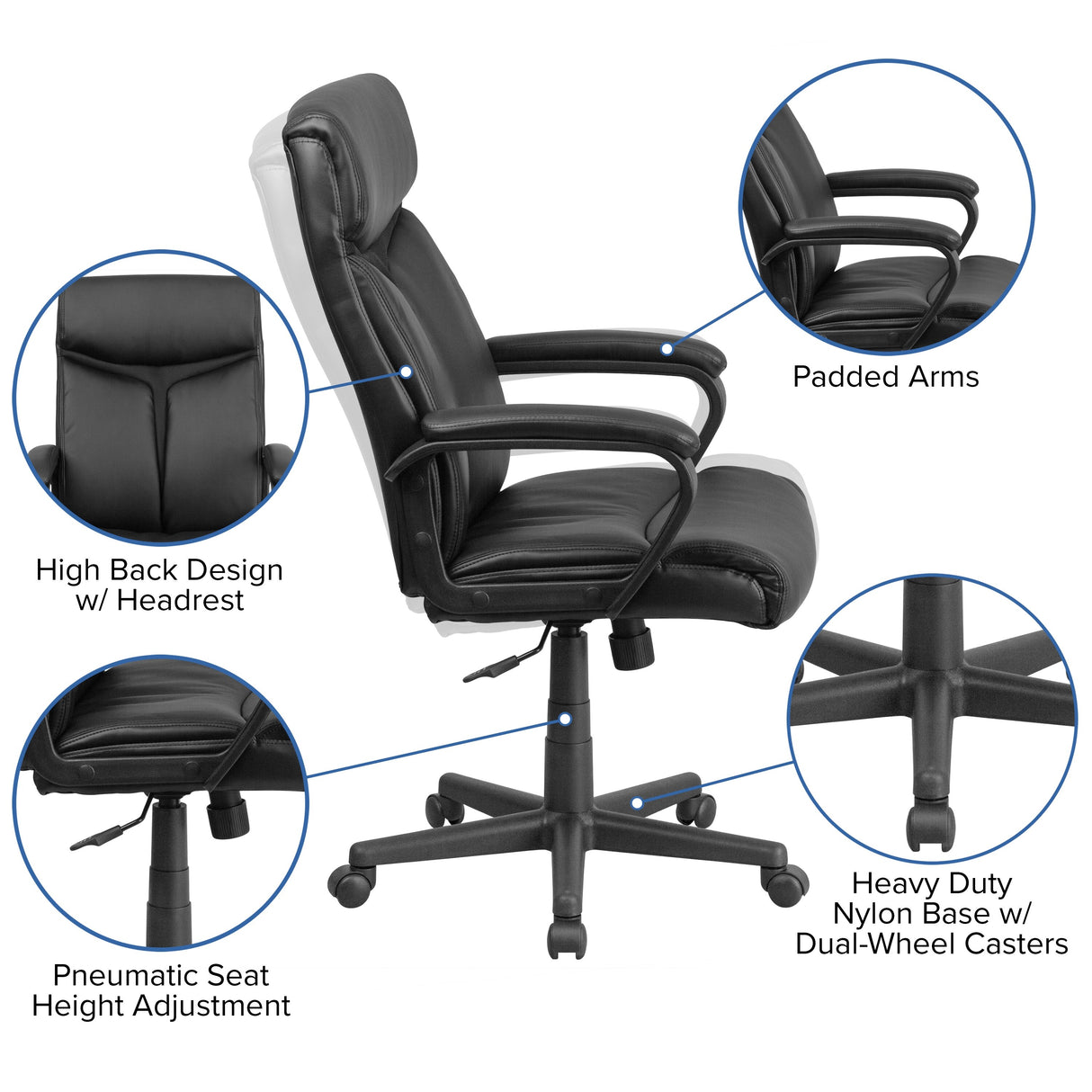 High Back LeatherSoft Executive Swivel Office Chair w/ Slight Mesh Accent