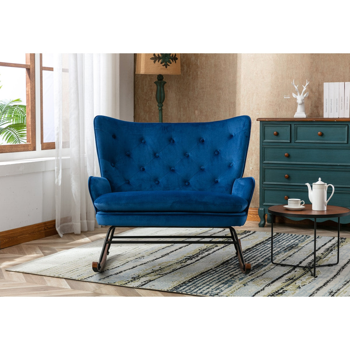 High Back Rocking Sofa, Upholstered Velvet Fabric, Solid Rubber wood Leg, For Living Room/Bedroom/Home or Office