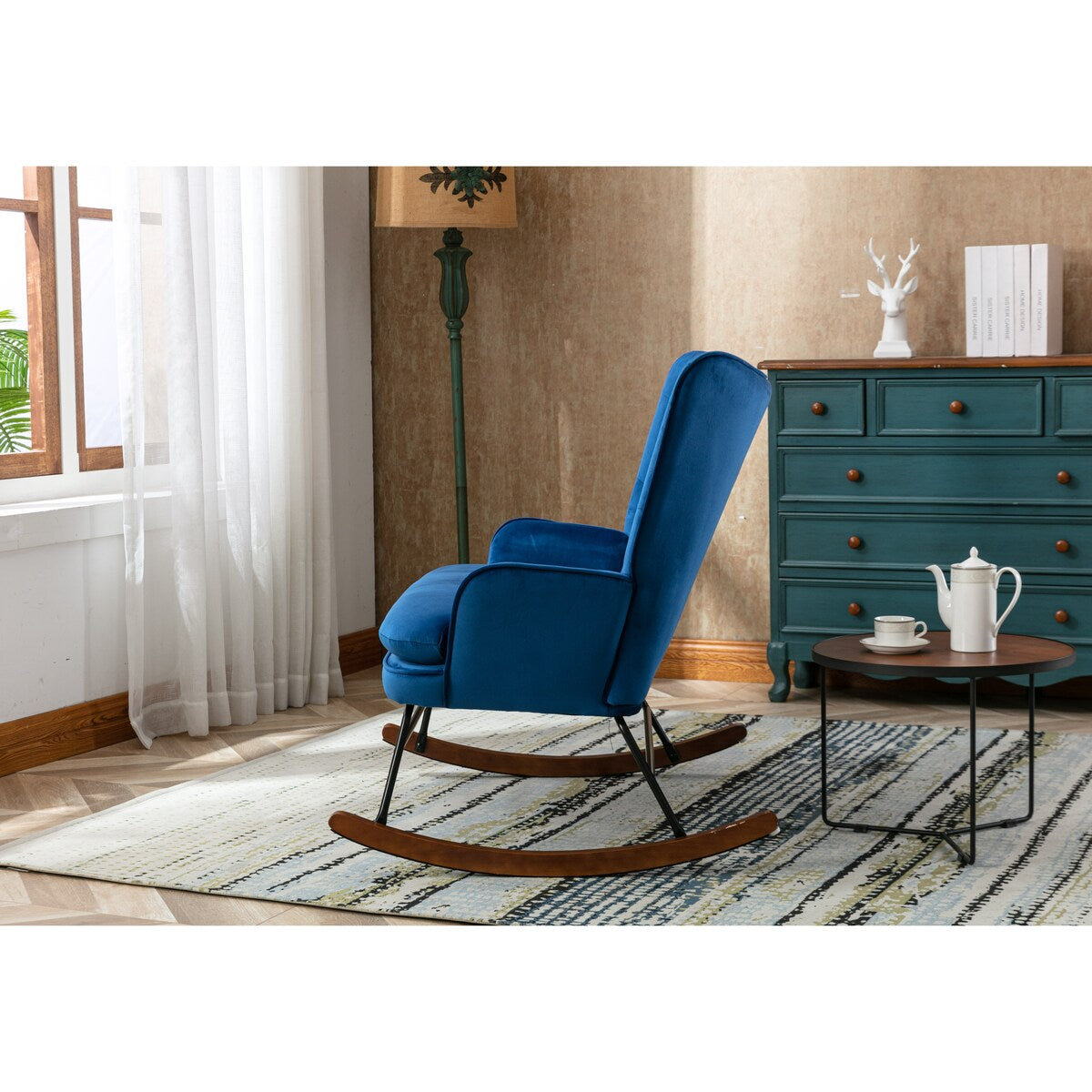 High Back Rocking Sofa, Upholstered Velvet Fabric, Solid Rubber wood Leg, For Living Room/Bedroom/Home or Office