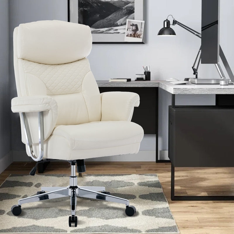 High Back Thick Bonded Leather Ergonomic Leather Computer Executive Office Chair for Comfort and Lumbar Support, White