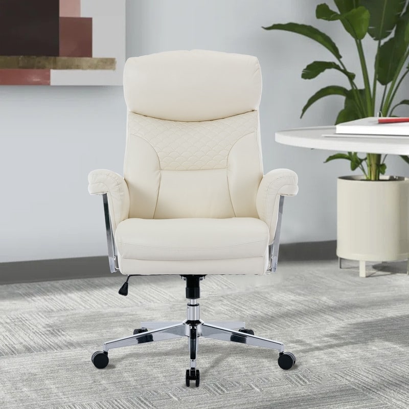 High Back Thick Bonded Leather Ergonomic Leather Computer Executive Office Chair for Comfort and Lumbar Support, White
