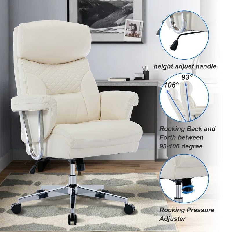 High Back Thick Bonded Leather Ergonomic Leather Computer Executive Office Chair for Comfort and Lumbar Support, White