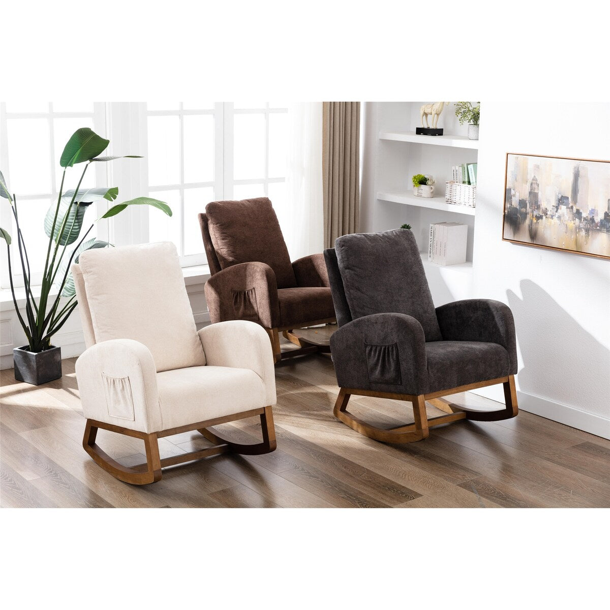 High Backrest & Cozy Armrest Rocking Chairs, Living Room Padded Seat Lounge Arm Chair with Two Side Pocket