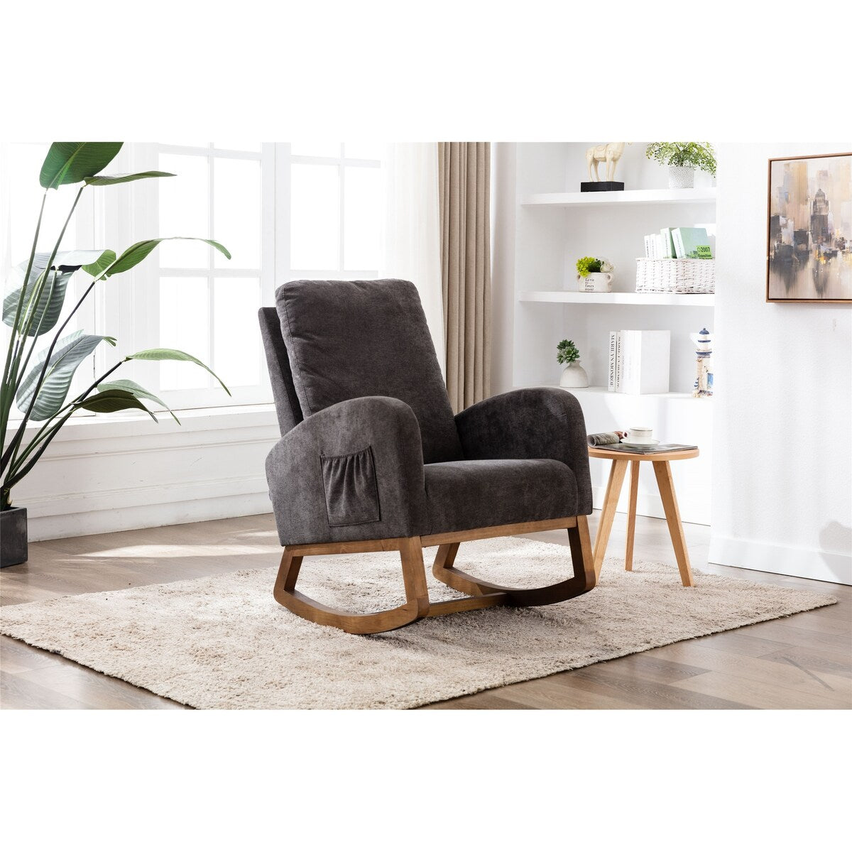 High Backrest & Cozy Armrest Rocking Chairs, Living Room Padded Seat Lounge Arm Chair with Two Side Pocket