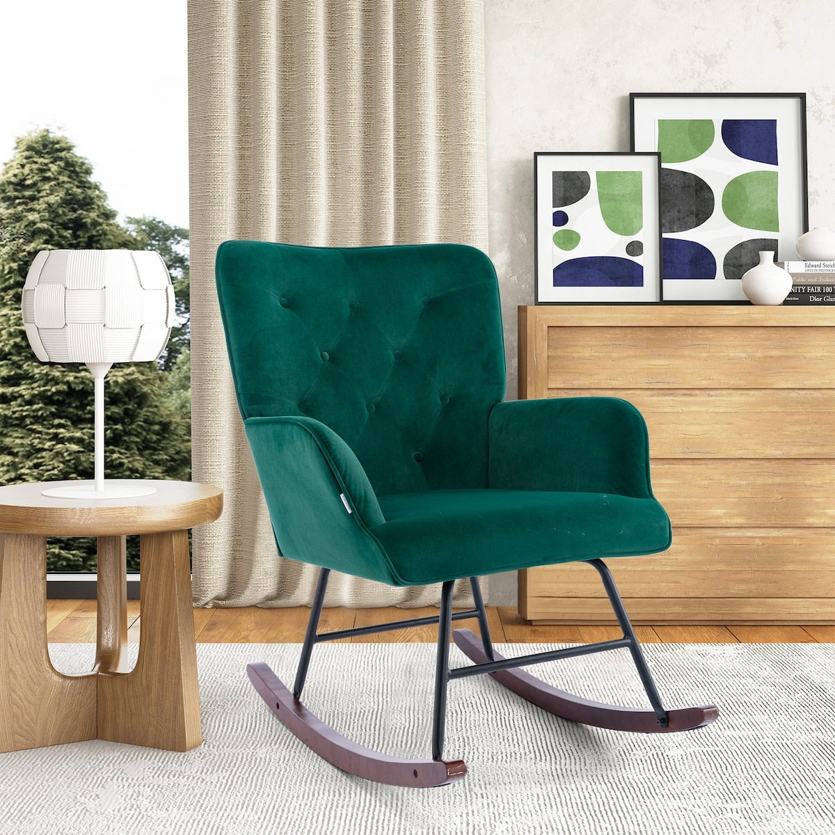 High Backrest & Cozy Armrest Velvet Rocking Chair Living Room Accent Chair Ergonomic Chair