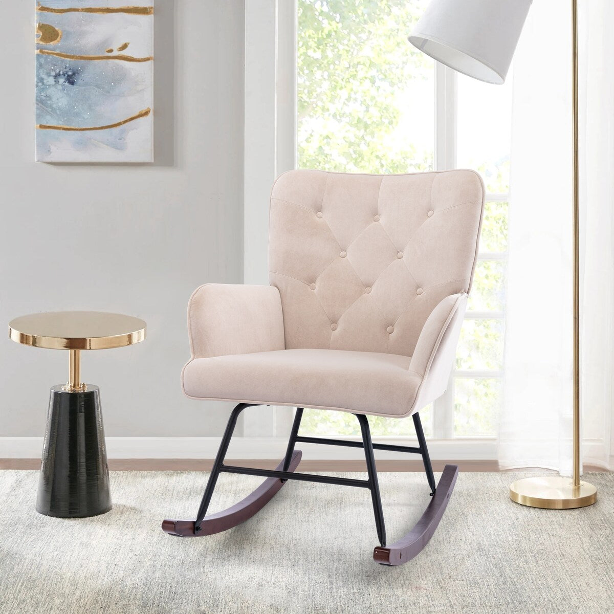 High Backrest & Cozy Armrest Velvet Rocking Chair Living Room Accent Chair Ergonomic Chair
