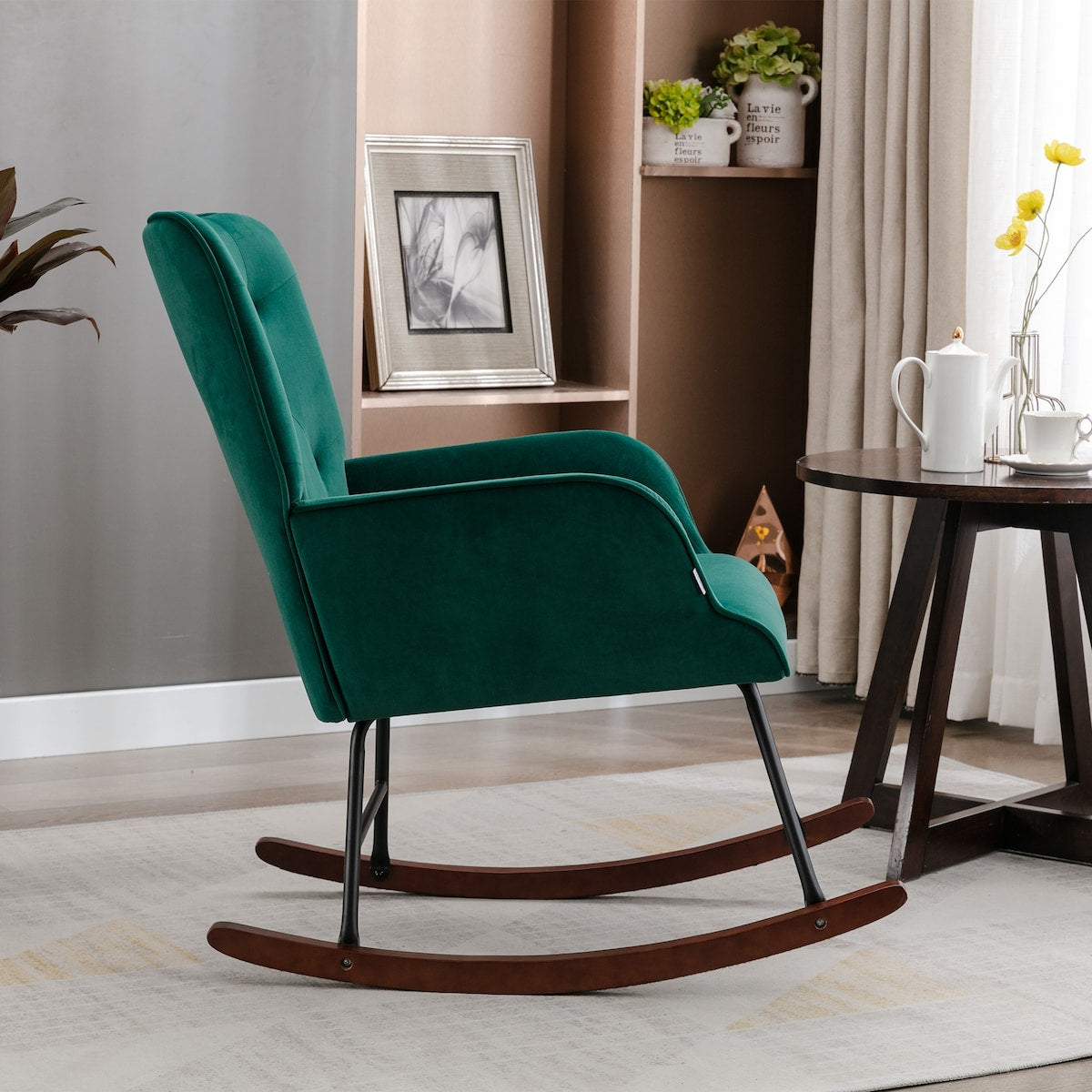 High Backrest & Cozy Armrest Velvet Rocking Chair Living Room Accent Chair Ergonomic Chair