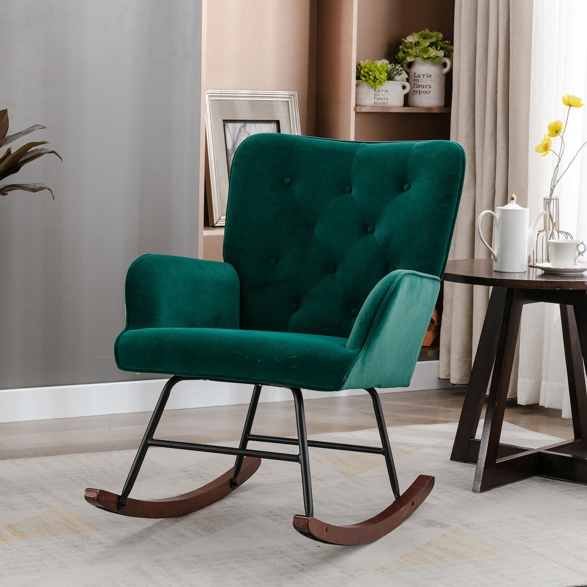 High Backrest & Cozy Armrest Velvet Rocking Chair Living Room Accent Chair Ergonomic Chair