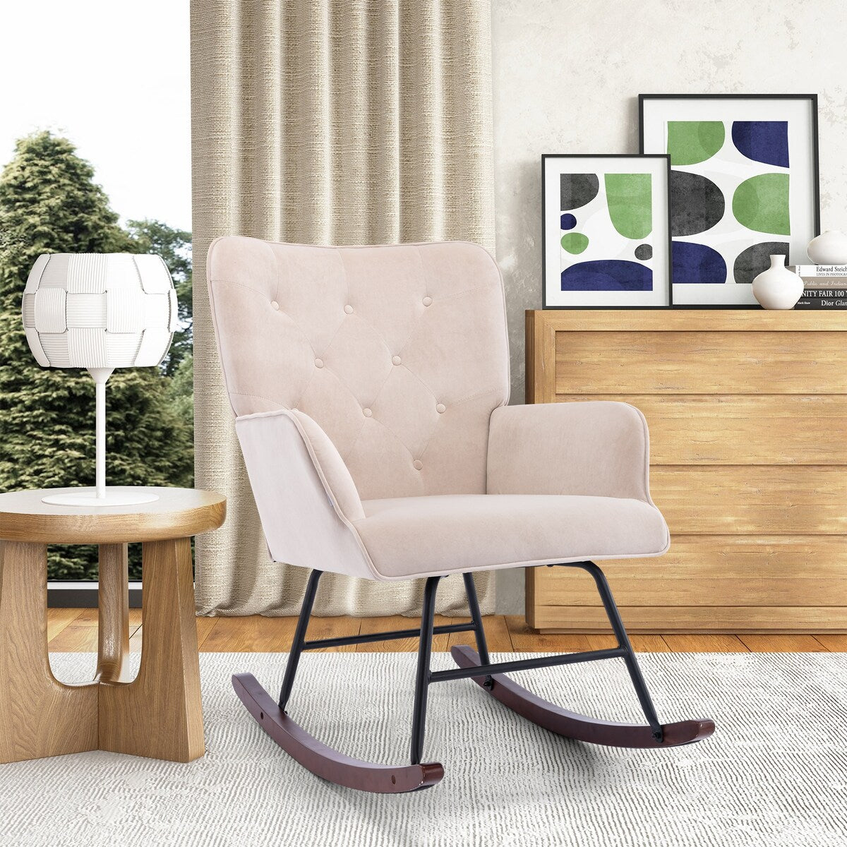 High Backrest & Cozy Armrest Velvet Rocking Chair Living Room Accent Chair Ergonomic Chair