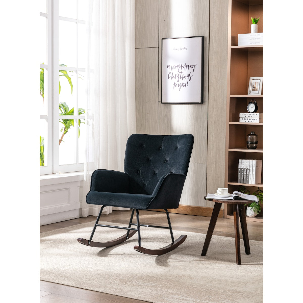 High Backrest & Cozy Armrest Velvet Rocking Chair Living Room Accent Chair Ergonomic Chair