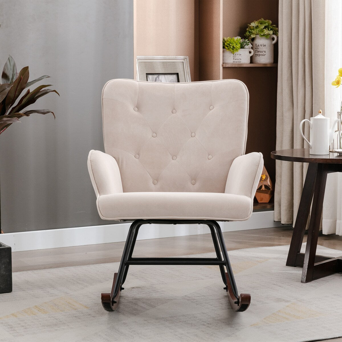 High Backrest & Cozy Armrest Velvet Rocking Chair Living Room Accent Chair Ergonomic Chair