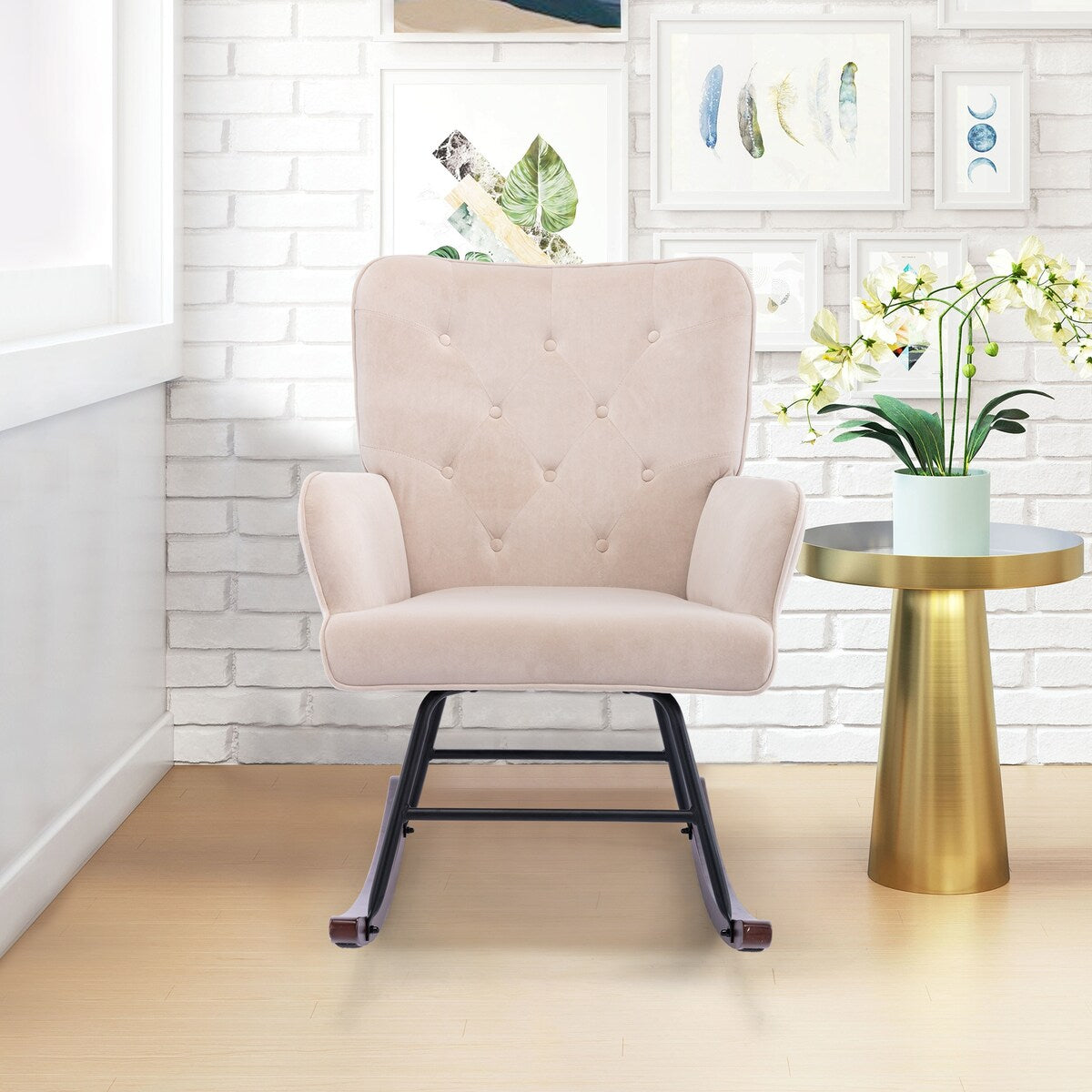 High Backrest & Cozy Armrest Velvet Rocking Chair Living Room Accent Chair Ergonomic Chair