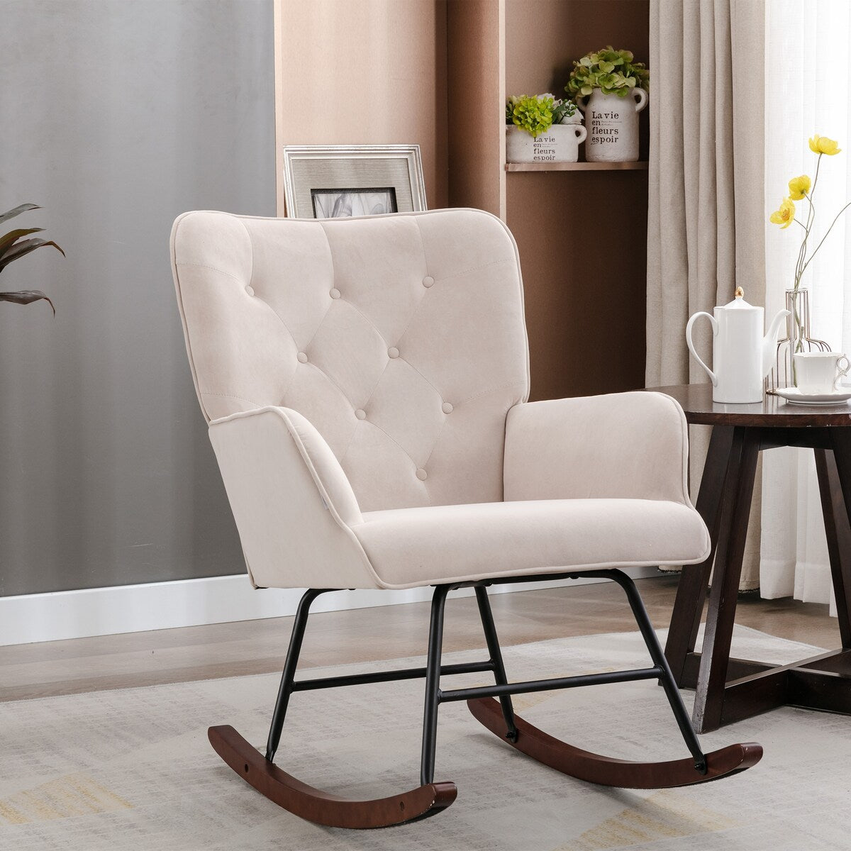 High Backrest & Cozy Armrest Velvet Rocking Chair Living Room Accent Chair Ergonomic Chair