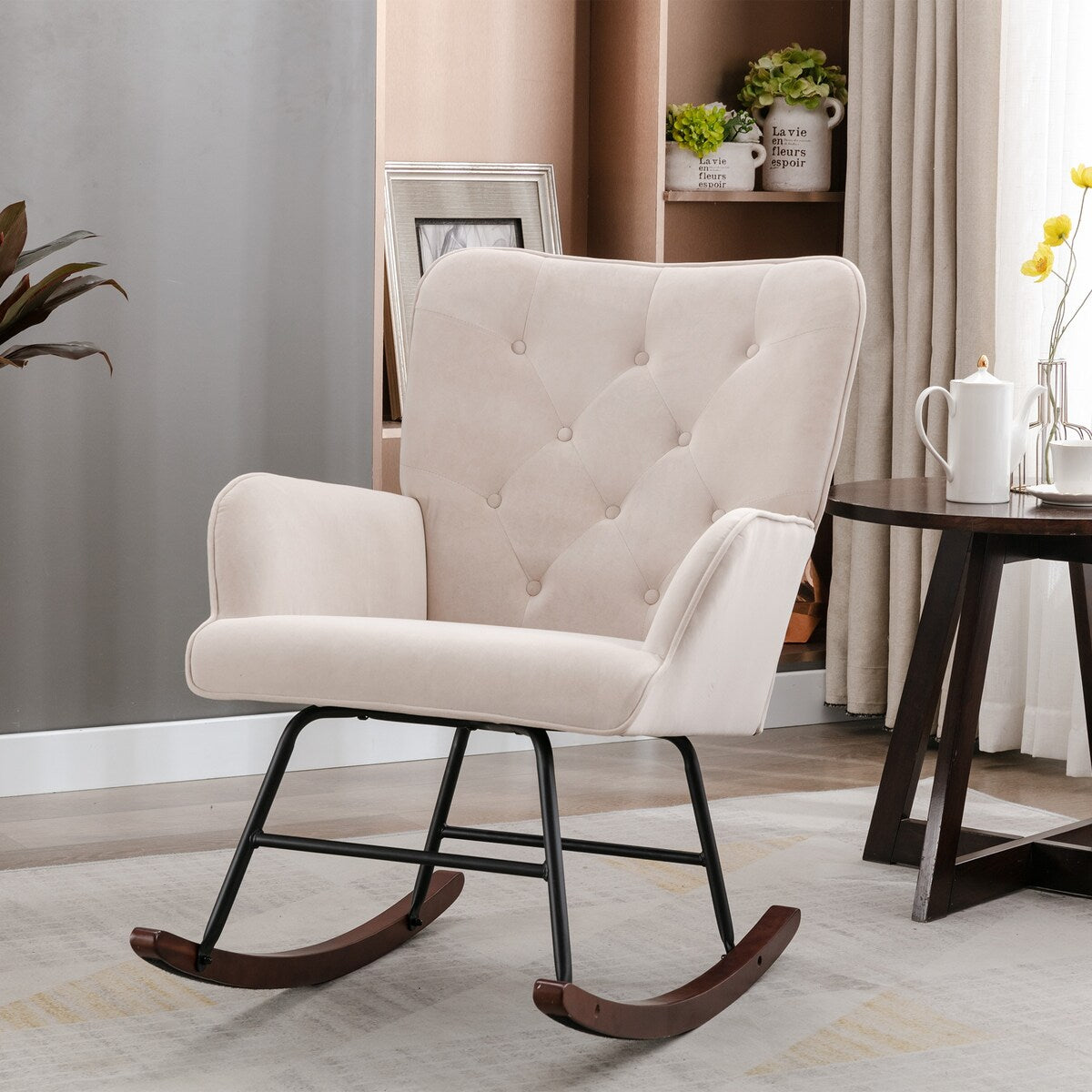 High Backrest & Cozy Armrest Velvet Rocking Chair Living Room Accent Chair Ergonomic Chair