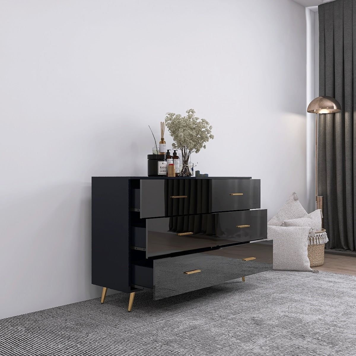 【人気沸騰】 Chest Dresser 6-Drawer High-Gloss Black with Handles Gold その他