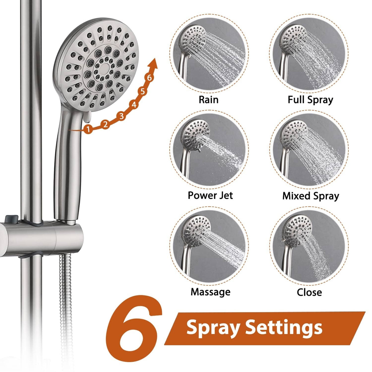 Wall Mounted Shower Faucet With Handheld Shower 6 Inch Rain Shower Head Combo Set Shower System With Slide Bar, NO VALVE