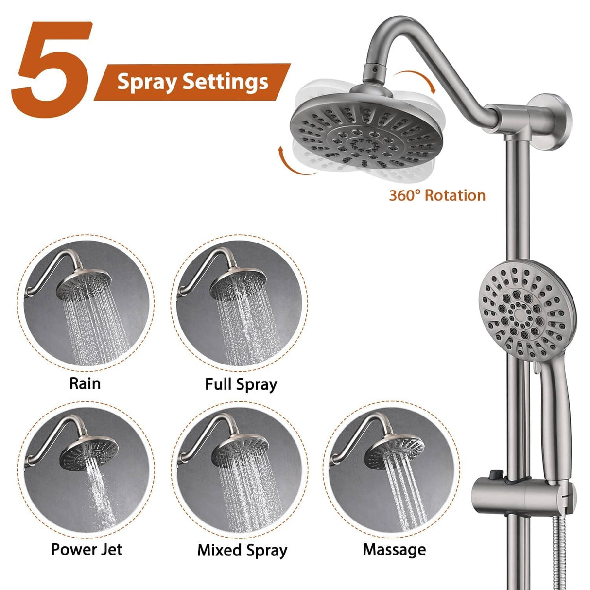 Wall Mounted Shower Faucet With Handheld Shower 6 Inch Rain Shower Head Combo Set Shower System With Slide Bar, NO VALVE