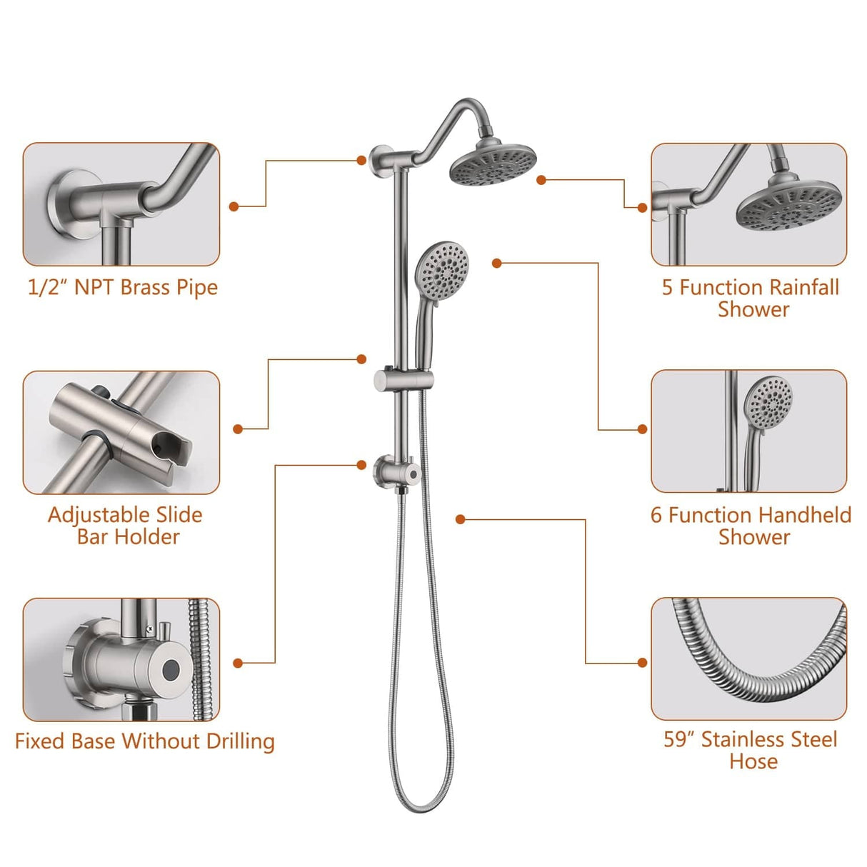 Wall Mounted Shower Faucet With Handheld Shower 6 Inch Rain Shower Head Combo Set Shower System With Slide Bar, NO VALVE