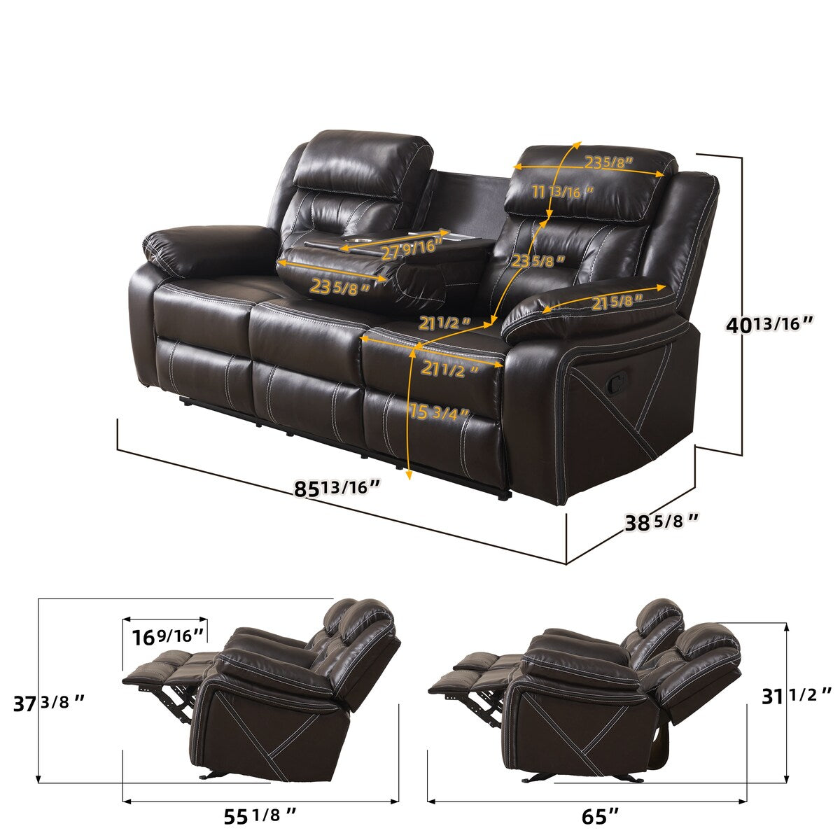 High-Quality Furniture: Reclining Upholstered Sofa in Faux Leather with Unique Color Stitching Design and Easy Assembly