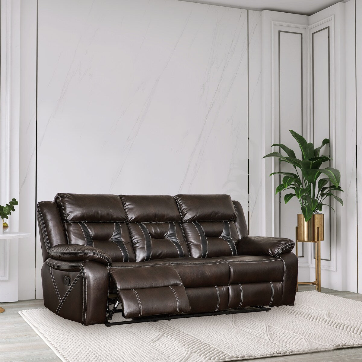High-Quality Furniture: Reclining Upholstered Sofa in Faux Leather with Unique Color Stitching Design and Easy Assembly