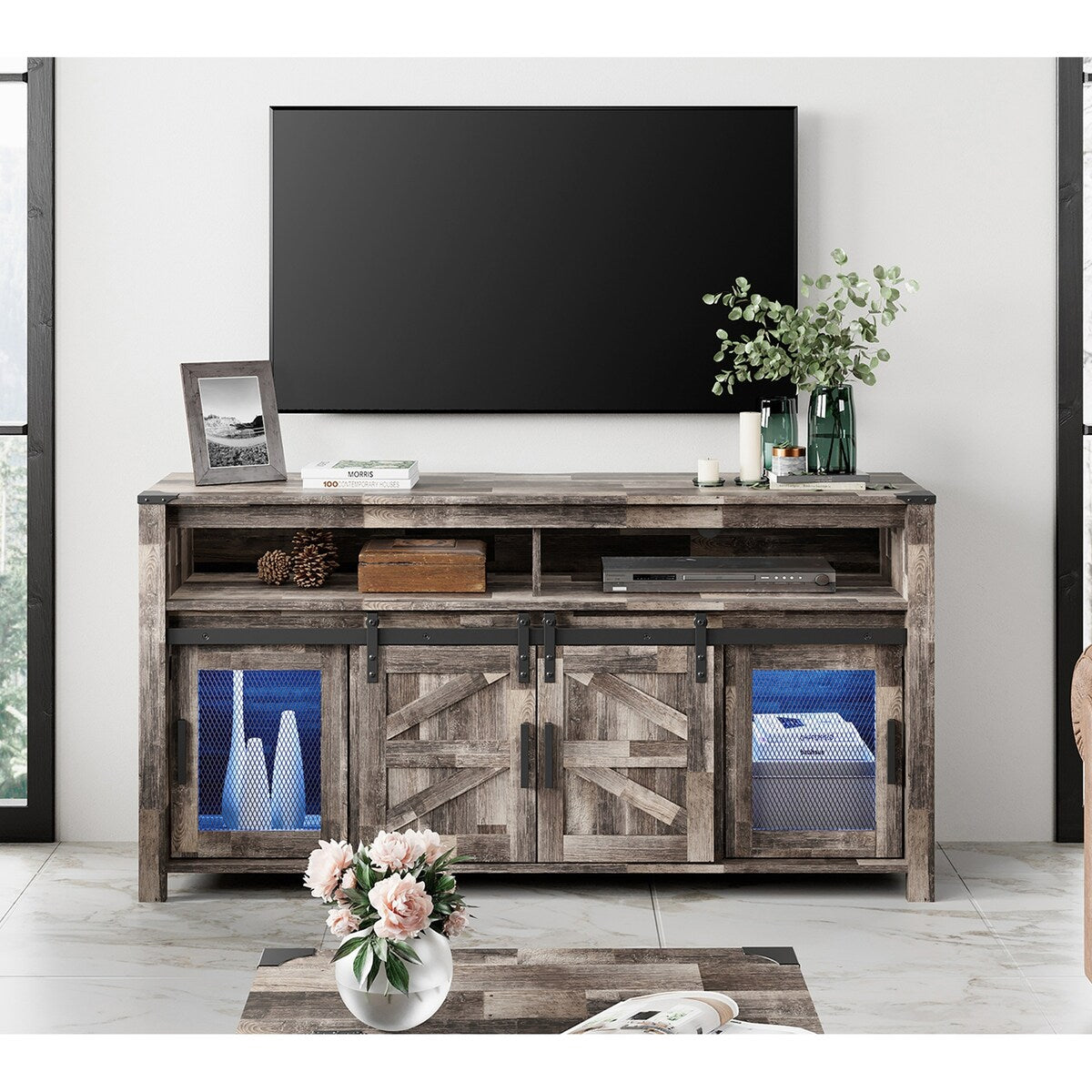 Highboy TV Console with LED Lights, Farmhouse & Industrial, 59 Inch