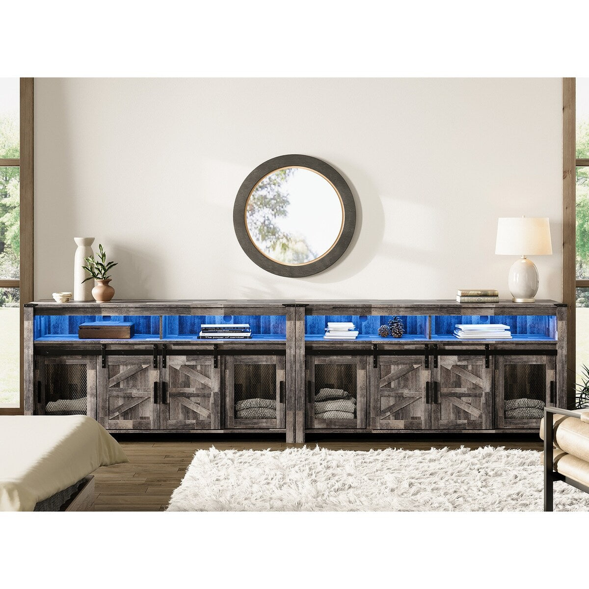 Highboy TV Console with LED Lights, Farmhouse & Industrial, 59 Inch