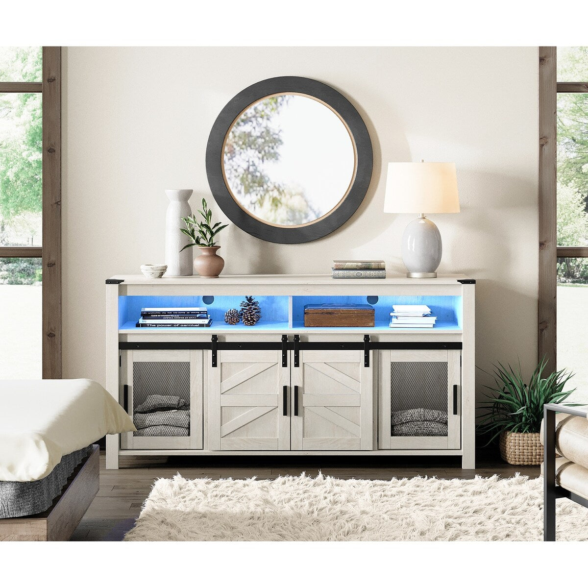 Highboy TV Console with LED Lights, Farmhouse & Industrial, 59 Inch