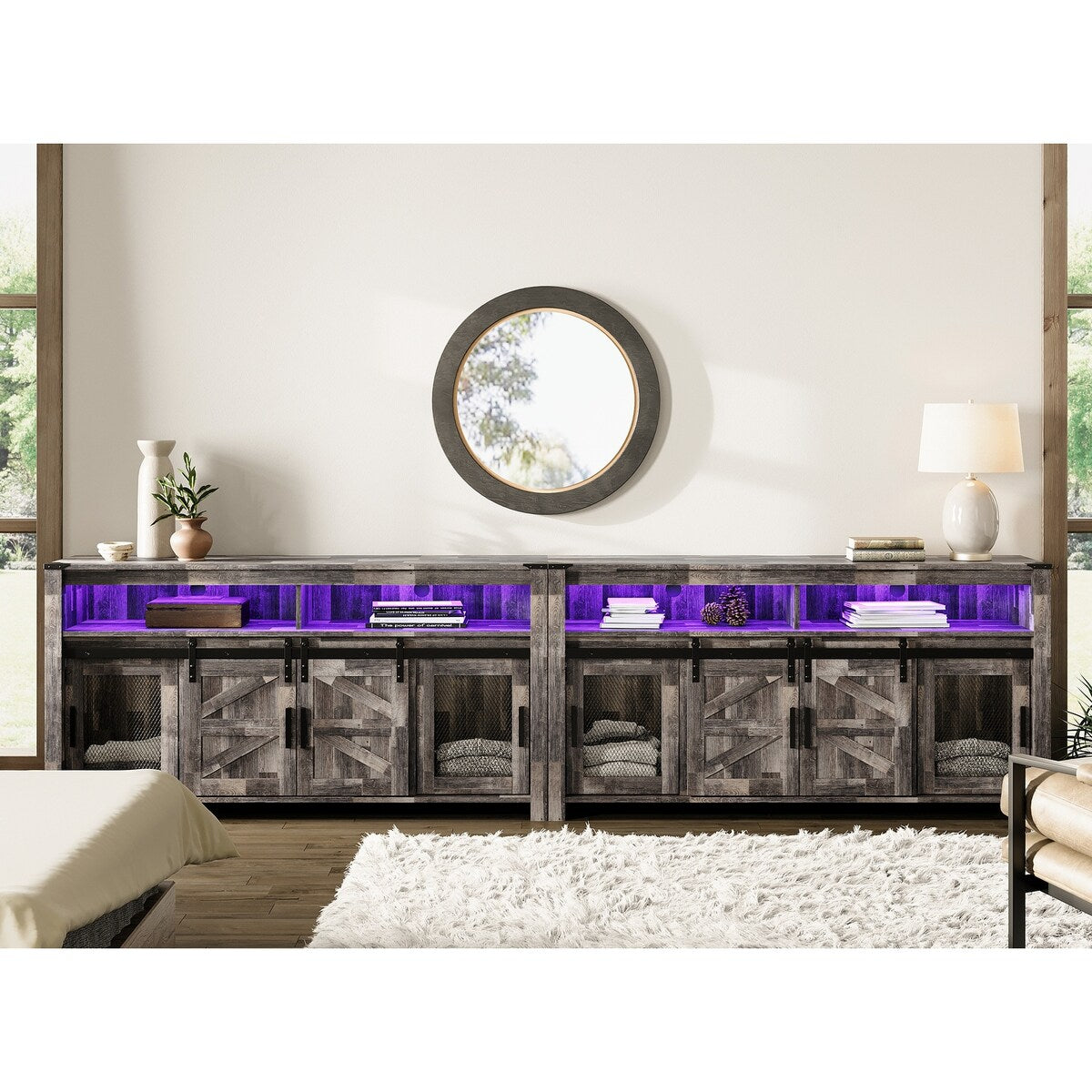 Highboy TV Console with LED Lights, Farmhouse & Industrial, 59 Inch