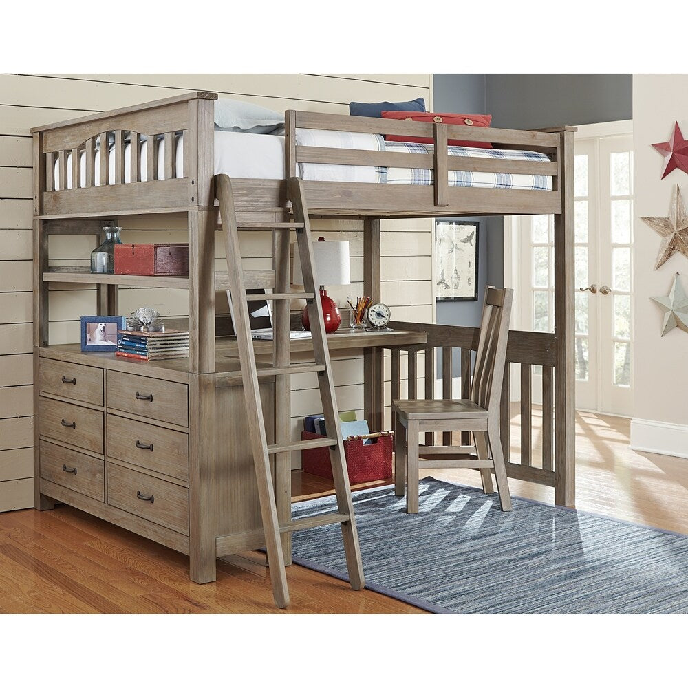 Highlands Full Loft Bed with Desk and Chair, Driftwood