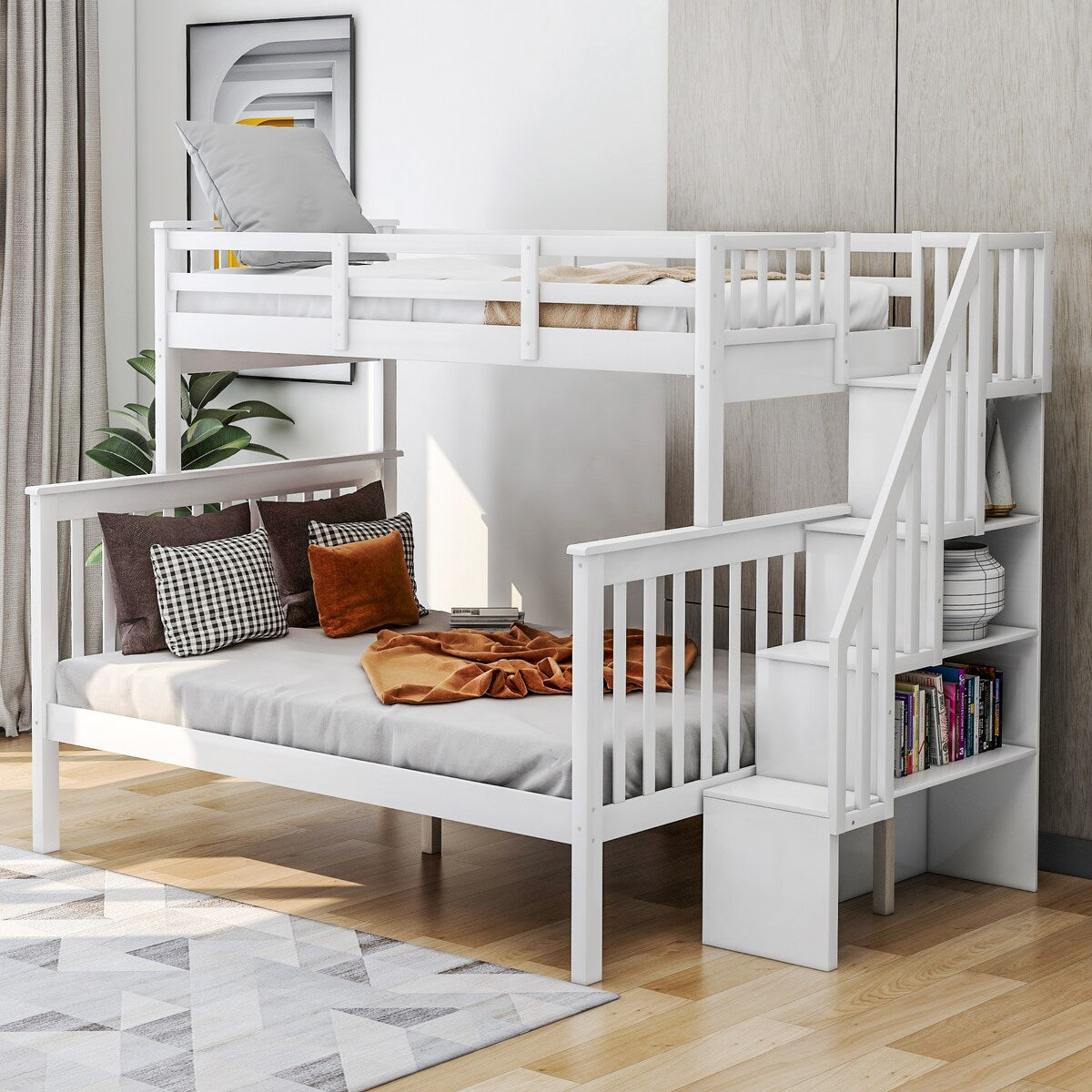 Highly recommended!!!!Stairway Twin-Over-Full Bunk Bed with Storage and Guard Rail for Bedroom