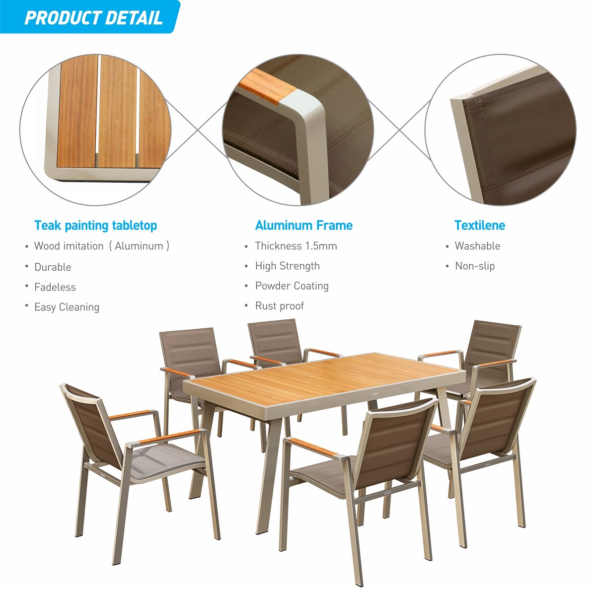 HIGOLD 3801 Nofi Patio Furniture, 7 Pieces Patio Dining Sets, Matte Champagne Aluminum Frame, Imitated Teak Aluminum Tabletop