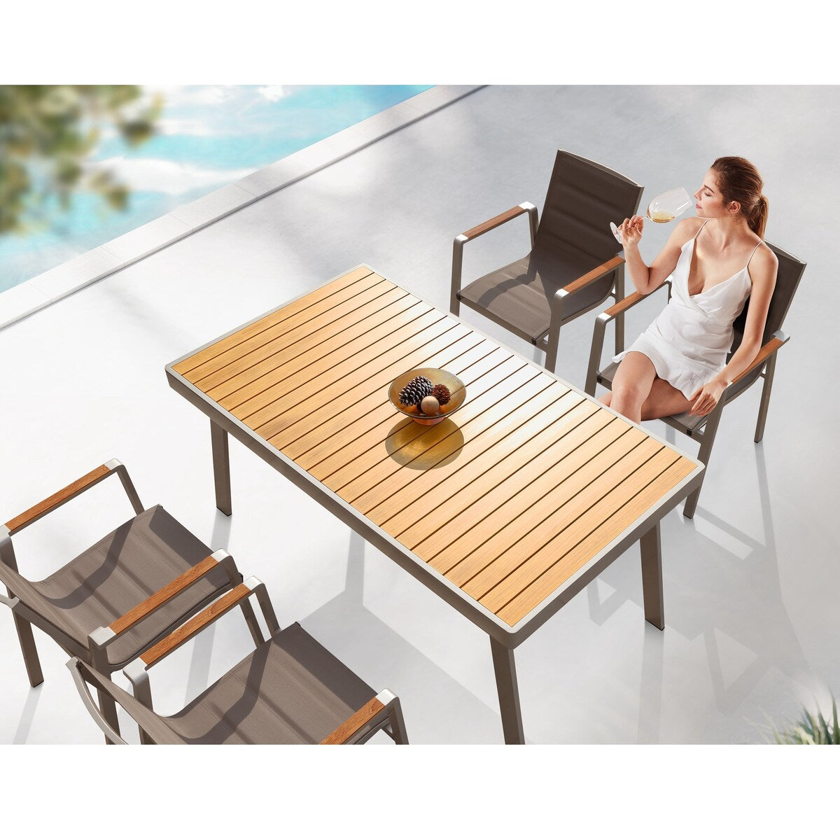 HIGOLD 3801 Nofi Patio Furniture, 7 Pieces Patio Dining Sets, Matte Champagne Aluminum Frame, Imitated Teak Aluminum Tabletop