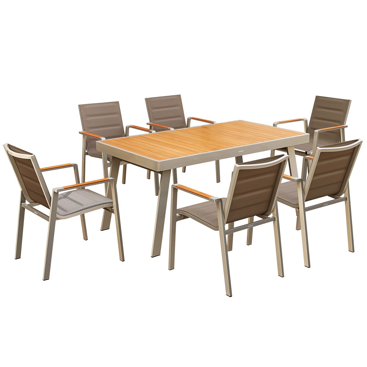 HIGOLD 3801 Nofi Patio Furniture, 7 Pieces Patio Dining Sets, Matte Champagne Aluminum Frame, Imitated Teak Aluminum Tabletop
