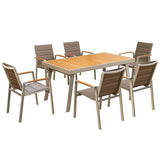 HIGOLD 3801 Nofi Patio Furniture, 7 Pieces Patio Dining Sets, Matte Champagne Aluminum Frame, Imitated Teak Aluminum Tabletop