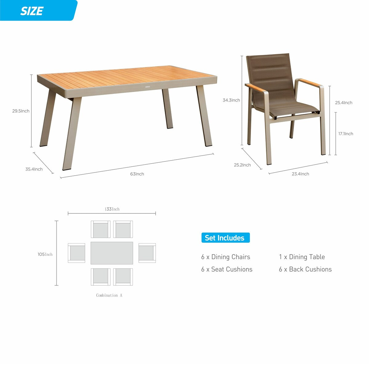 HIGOLD 3801 Nofi Patio Furniture, 7 Pieces Patio Dining Sets, Matte Champagne Aluminum Frame, Imitated Teak Aluminum Tabletop