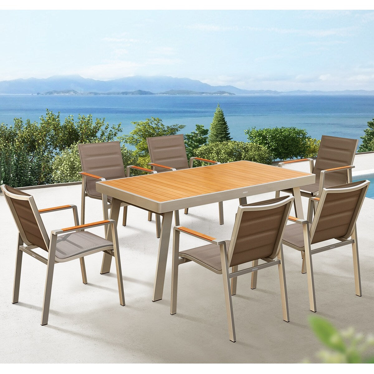 HIGOLD 3801 Nofi Patio Furniture, 7 Pieces Patio Dining Sets, Matte Champagne Aluminum Frame, Imitated Teak Aluminum Tabletop
